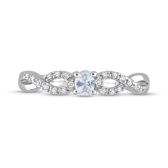 Oval White Lab-Created Sapphire and 0.08 CT. T.W. Diamond Twist Split Shank Promise Ring in Sterling Silver