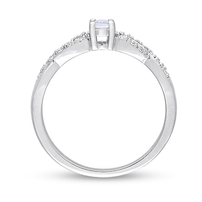 Oval White Lab-Created Sapphire and 0.08 CT. T.W. Diamond Twist Split Shank Promise Ring in Sterling Silver