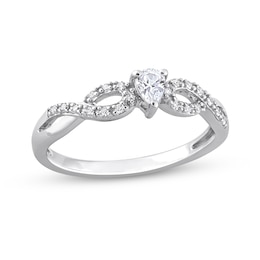 Pear-Shaped White Lab-Created Sapphire and 0.08 CT. T.W. Diamond Twist Split Shank Promise Ring in Sterling Silver