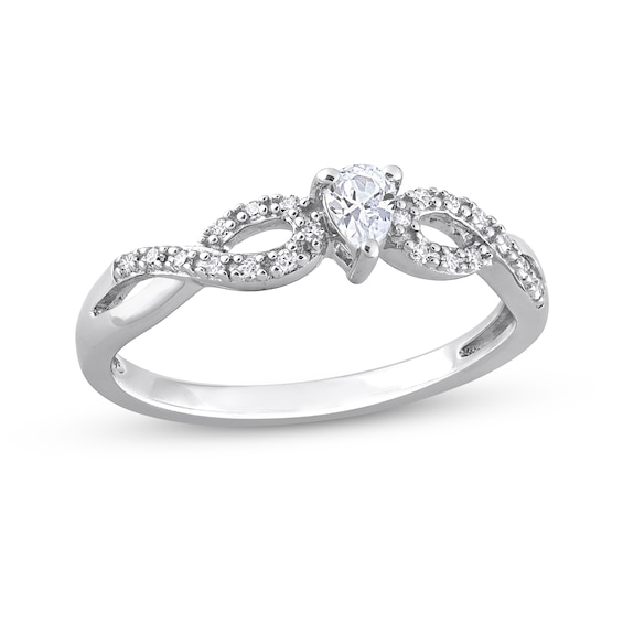 Pear-Shaped White Lab-Created Sapphire and 0.08 CT. T.W. Diamond Twist Split Shank Promise Ring in Sterling Silver