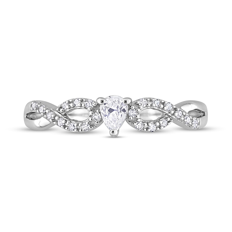 Pear-Shaped White Lab-Created Sapphire and 0.08 CT. T.W. Diamond Twist Split Shank Promise Ring in Sterling Silver|Peoples Jewellers