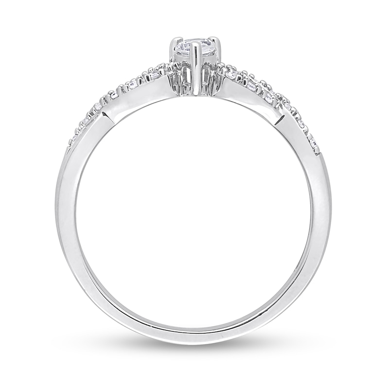 Pear-Shaped White Lab-Created Sapphire and 0.08 CT. T.W. Diamond Twist Split Shank Promise Ring in Sterling Silver|Peoples Jewellers