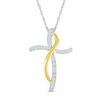 0.12 CT. T.W. Diamond Ribbon Wrapped Curved Cross Pendant in Sterling Silver and 10K Gold