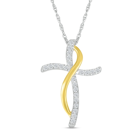 0.12 CT. T.W. Diamond Ribbon Wrapped Curved Cross Pendant in Sterling Silver and 10K Gold