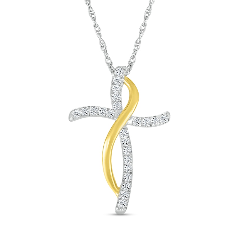 0.12 CT. T.W. Diamond Ribbon Wrapped Curved Cross Pendant in Sterling Silver and 10K Gold|Peoples Jewellers
