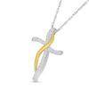 Thumbnail Image 1 of 0.12 CT. T.W. Diamond Ribbon Wrapped Curved Cross Pendant in Sterling Silver and 10K Gold