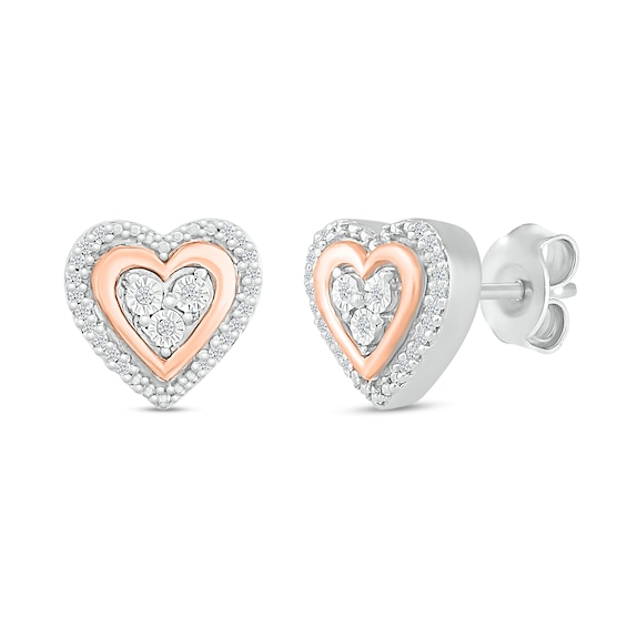 0.10 CT. T.W. Heart-Shaped Multi-Diamond Double Frame Stud Earrings in Sterling Silver and 10K Rose Gold