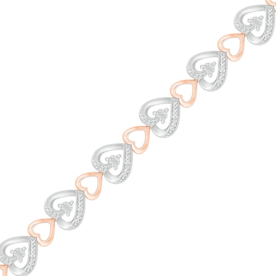 0.09 CT. T.W. Diamond Large and Small Hearts Alternating Line Bracelet in Sterling Silver and 14K Rose Gold Plate – 7.5"