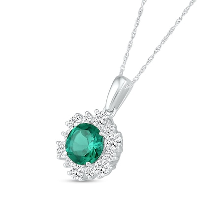 6.0mm Lab-Created Emerald and Alternating White Sapphire Frame Pendant in Sterling Silver