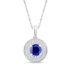 6.0mm Blue and White Lab-Created Sapphire Frame Double Row Spiral Medallion Pendant in Sterling Silver