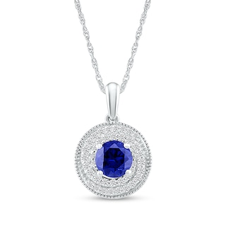 6.0mm Blue and White Lab-Created Sapphire Frame Double Row Spiral Medallion Pendant in Sterling Silver