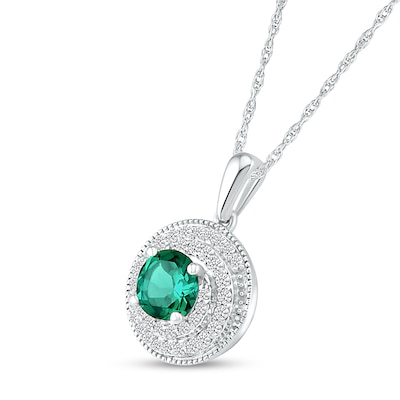 6.0mm Lab-Created Emerald and White Sapphire Frame Double Row Spiral Medallion Pendant in Sterling Silver