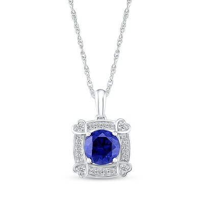 Blue and White Lab-Created Sapphire Cushion Frame with Hearts Pendant in Sterling Silver