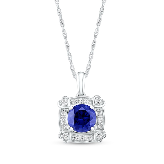 Blue and White Lab-Created Sapphire Cushion Frame with Hearts Pendant in Sterling Silver