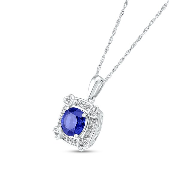 Blue and White Lab-Created Sapphire Cushion Frame with Hearts Pendant in Sterling Silver