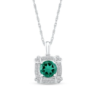 7.0mm Lab-Created Emerald and White Sapphire Cushion Frame with Hearts Pendant in Sterling Silver