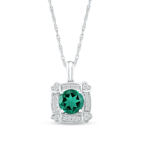 7.0mm Lab-Created Emerald and White Sapphire Cushion Frame with Hearts Pendant in Sterling Silver