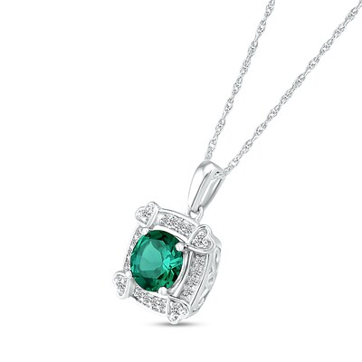 7.0mm Lab-Created Emerald and White Sapphire Cushion Frame with Hearts Pendant in Sterling Silver