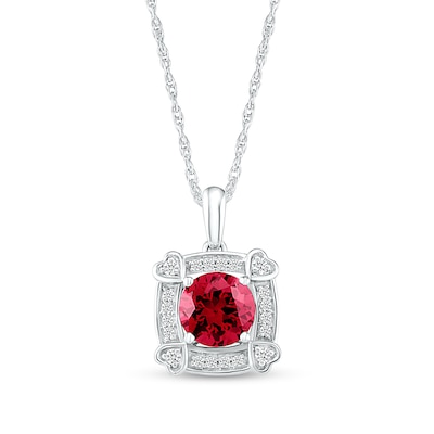 7.0mm Lab-Created Ruby and White Sapphire Cushion Frame with Hearts Pendant in Sterling Silver