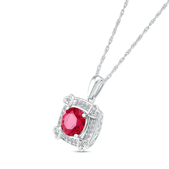 7.0mm Lab-Created Ruby and White Sapphire Cushion Frame with Hearts Pendant in Sterling Silver