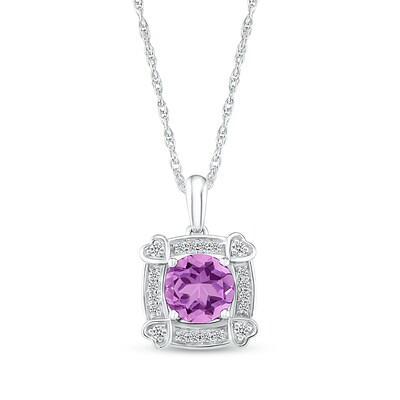 7.0mm Amethyst and White Lab-Created Sapphire Cushion Frame with Hearts Pendant in Sterling Silver