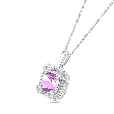 7.0mm Amethyst and White Lab-Created Sapphire Cushion Frame with Hearts Pendant in Sterling Silver