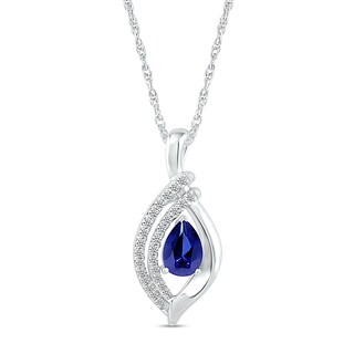 Pear-Shaped Blue and White Lab-Created Sapphire Double Row Open Flame Pendant in Sterling Silver