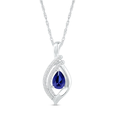 Pear-Shaped Blue and White Lab-Created Sapphire Double Row Open Flame Pendant in Sterling Silver