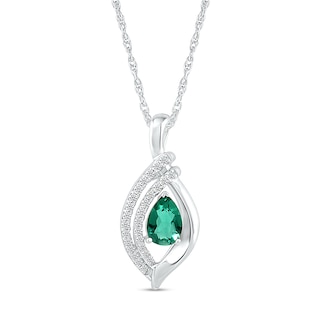 Pear-Shaped Lab-Created Emerald and White Sapphire Double Row Open Flame Pendant in Sterling Silver