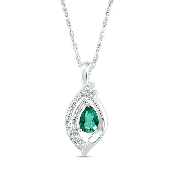 Pear-Shaped Lab-Created Emerald and White Sapphire Double Row Open Flame Pendant in Sterling Silver