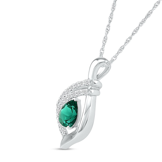 Pear-Shaped Lab-Created Emerald and White Sapphire Double Row Open Flame Pendant in Sterling Silver