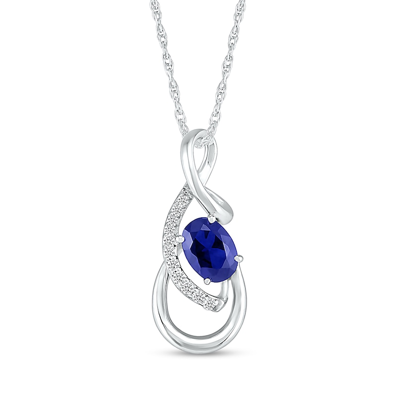 Oval Blue and White Lab-Created Sapphire Infinity Ribbon Overlay Pendant in Sterling Silver