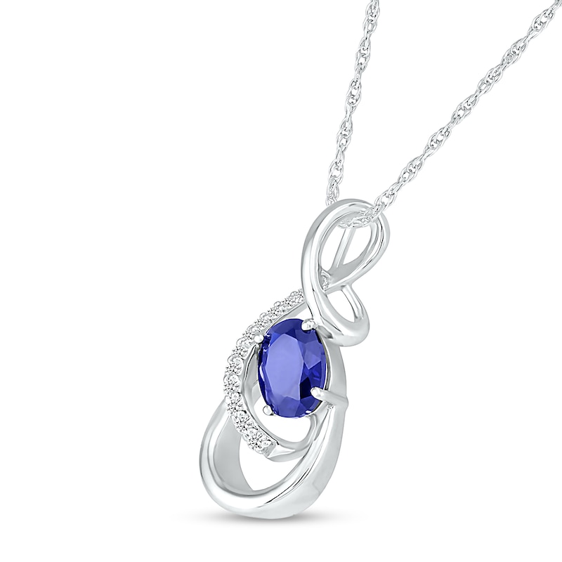 Oval Blue and White Lab-Created Sapphire Infinity Ribbon Overlay Pendant in Sterling Silver