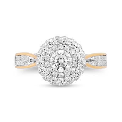 Enchanted Disney Belle 1.23 CT. T.W. Diamond Scallop Frame Double Row Engagement Ring in 14K Two-Tone Gold