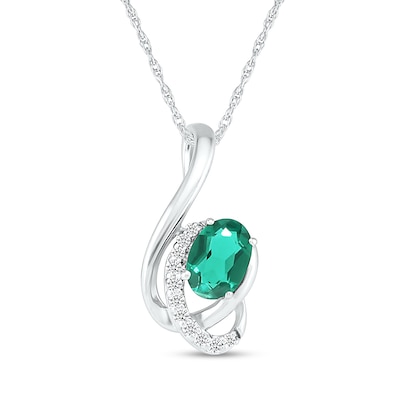 Oval Lab-Created Emerald and White Sapphire Ribbon Wrap Pendant in Sterling Silver