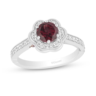 Enchanted Disney Mulan 6.0mm Rhodolite Garnet and 0.29 CT. T.W. Diamond Flower Frame Engagement Ring in 14K White Gold