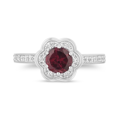 Enchanted Disney Mulan 6.0mm Rhodolite Garnet and 0.29 CT. T.W. Diamond Flower Frame Engagement Ring in 14K White Gold