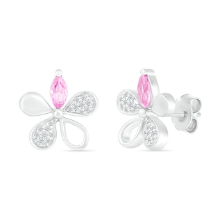 Marquise Pink and White Lab-Created Sapphire Flower Stud Earrings in Sterling Silver