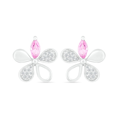 Marquise Pink and White Lab-Created Sapphire Flower Stud Earrings in Sterling Silver