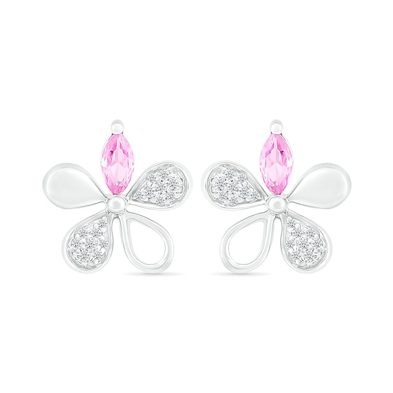 Marquise Pink and White Lab-Created Sapphire Flower Stud Earrings in Sterling Silver