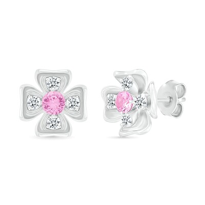 Pink and White Lab-Created Sapphire Box Flower Stud Earrings in Sterling Silver