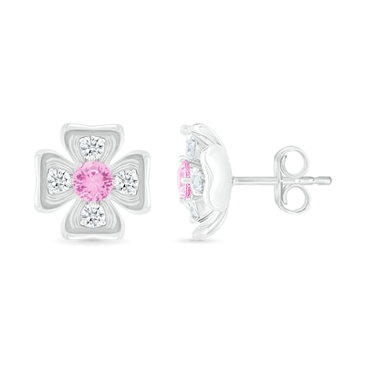 Pink and White Lab-Created Sapphire Box Flower Stud Earrings in Sterling Silver