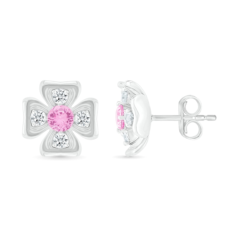 Pink and White Lab-Created Sapphire Box Flower Stud Earrings in Sterling Silver|Peoples Jewellers