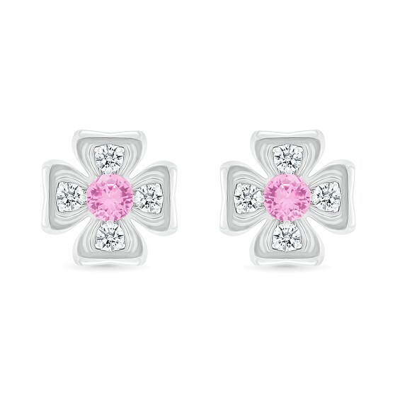 Pink and White Lab-Created Sapphire Box Flower Stud Earrings in Sterling Silver