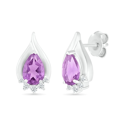 Pear-Shaped Amethyst and White Lab-Created Sapphire Shadow Flame Stud Earrings in Sterling Silver