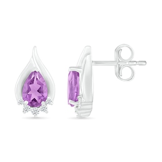 Pear-Shaped Amethyst and White Lab-Created Sapphire Shadow Flame Stud Earrings in Sterling Silver