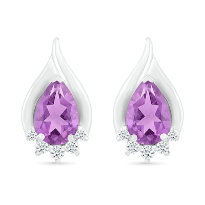 Pear-Shaped Amethyst and White Lab-Created Sapphire Shadow Flame Stud Earrings in Sterling Silver