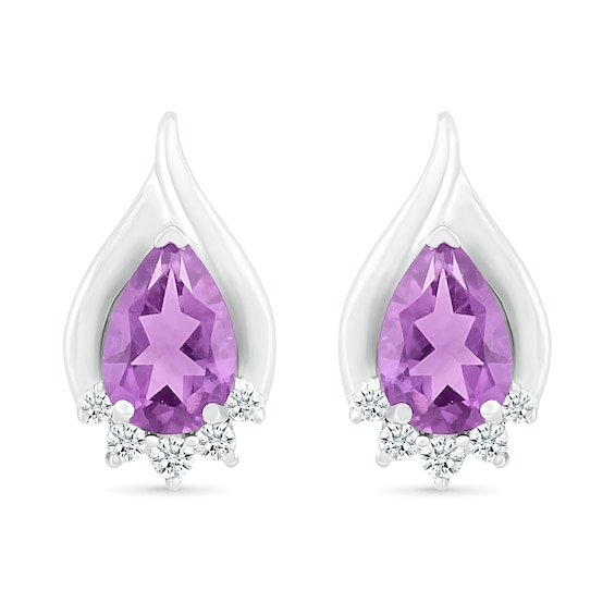 Pear-Shaped Amethyst and White Lab-Created Sapphire Shadow Flame Stud Earrings in Sterling Silver