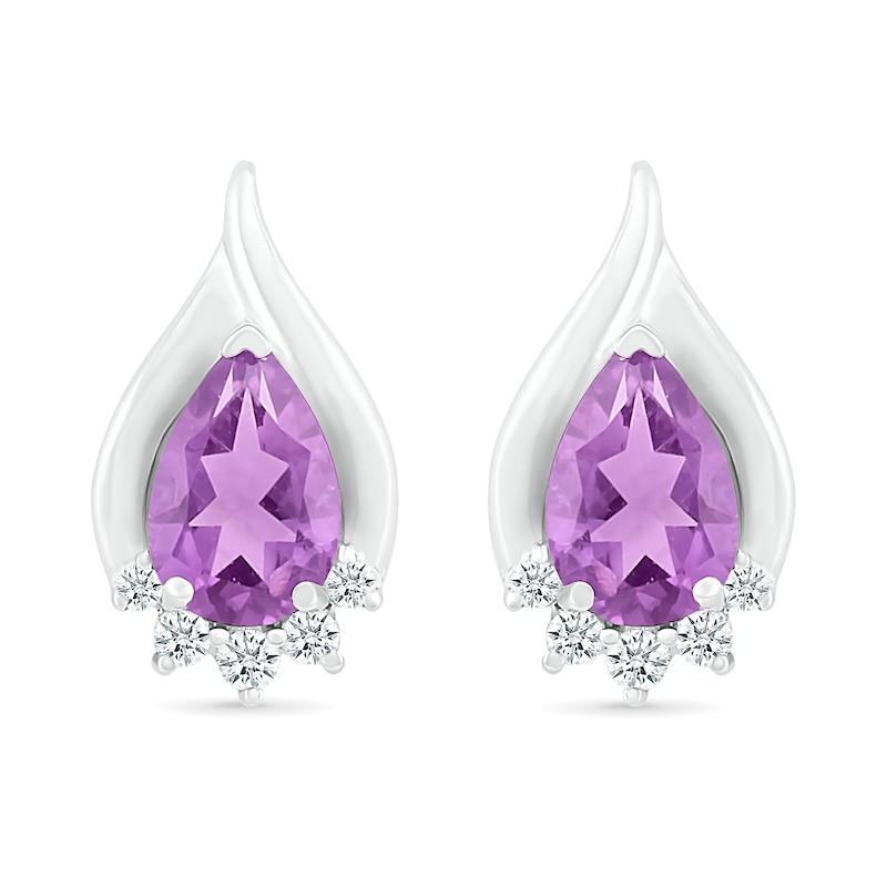 Pear-Shaped Amethyst and White Lab-Created Sapphire Shadow Flame Stud Earrings in Sterling Silver