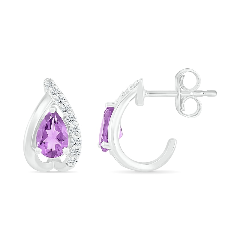 Main Image 2 of Pear-Shaped Amethyst and White Lab-Created Sapphire Teardrop Frame Stud Earrings in Sterling Silver